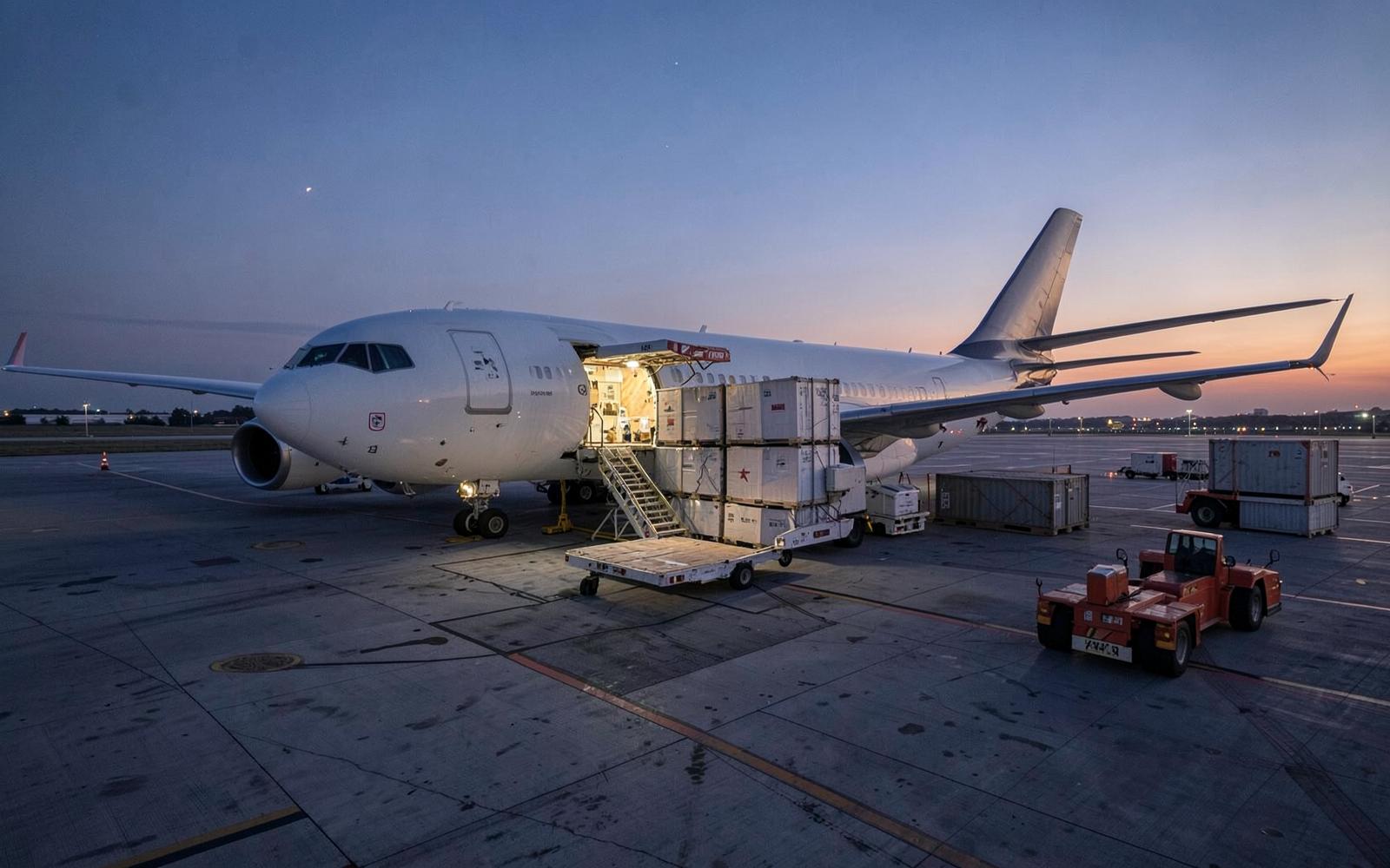 Cargo aircraft being loaded with air freight pallets at dusk