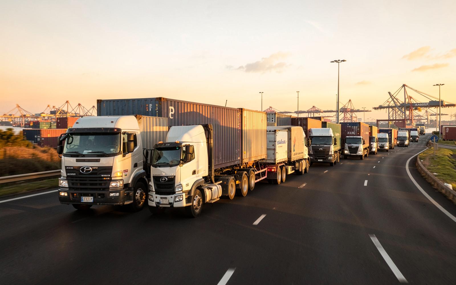 Container trucks leaving a port terminal at golden hour