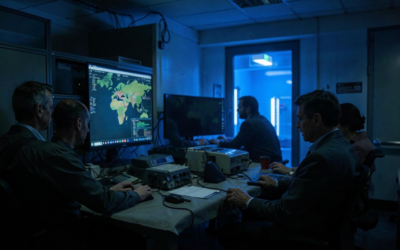 Logistics operations team monitoring global shipment screens
